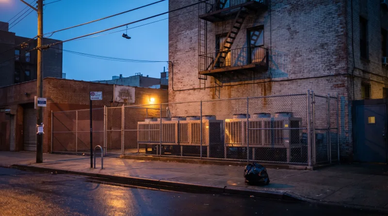 Bronx apartment service alley at dusk with condensers behind a chain-link enclosure