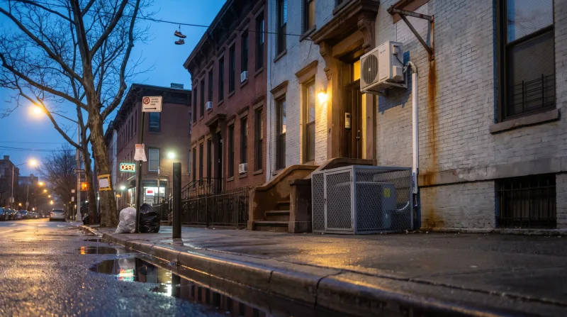 Brooklyn brownstone block at dusk with mini-split heads above a garden-level entry