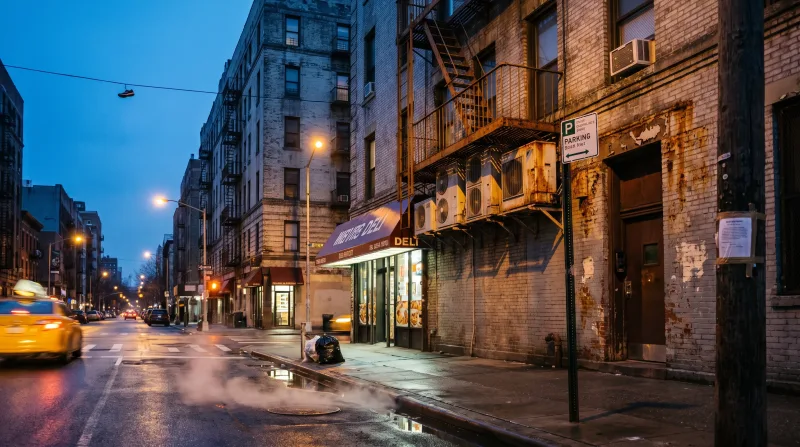 Midtown Manhattan side street at dusk with window air units and condensers on a fire escape