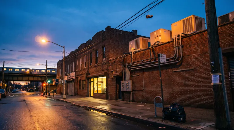 Queens commercial strip at dusk with rooftop condenser units above brick storefronts