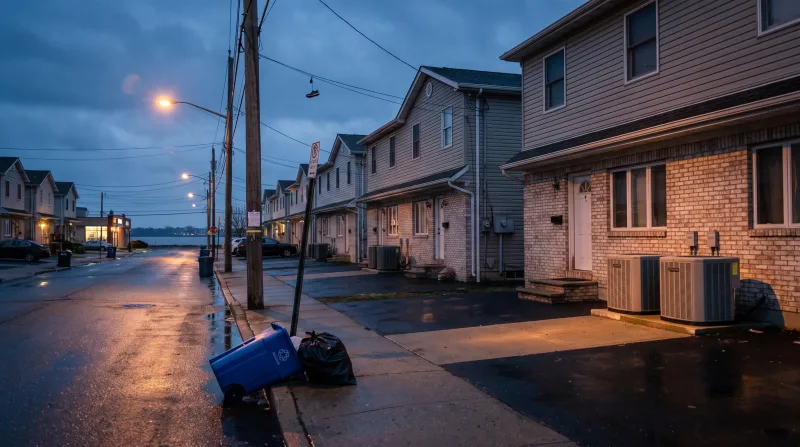 Staten Island residential street at dusk with heat pumps beside the driveways