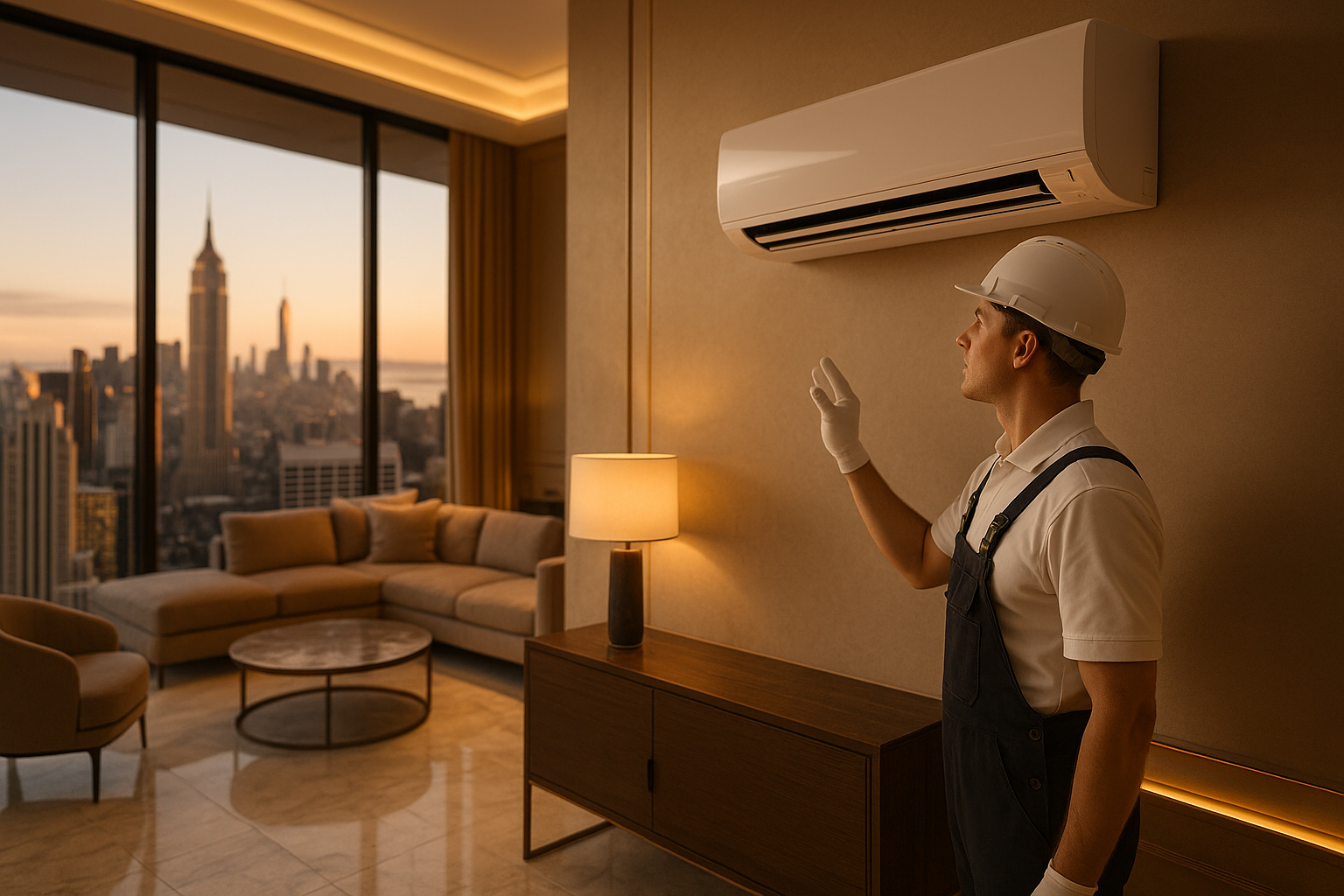 White-glove HVAC installer performing final inspection of mini-split unit in a luxury NYC penthouse