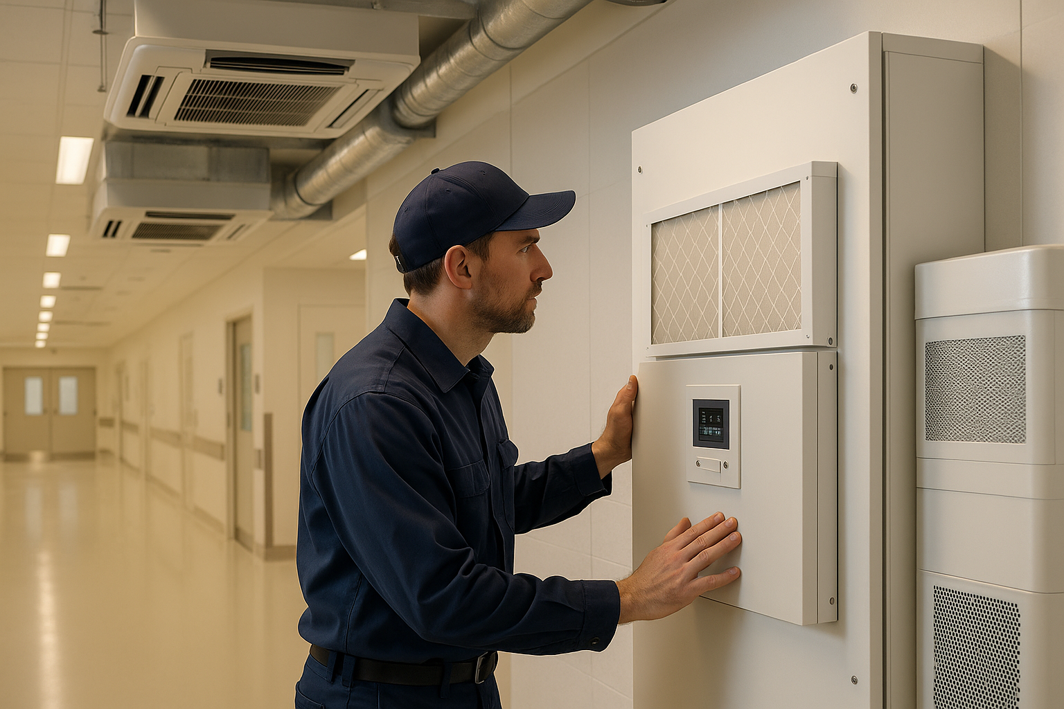 HVAC technician inspecting medical-grade air quality control system in a hospital hallway