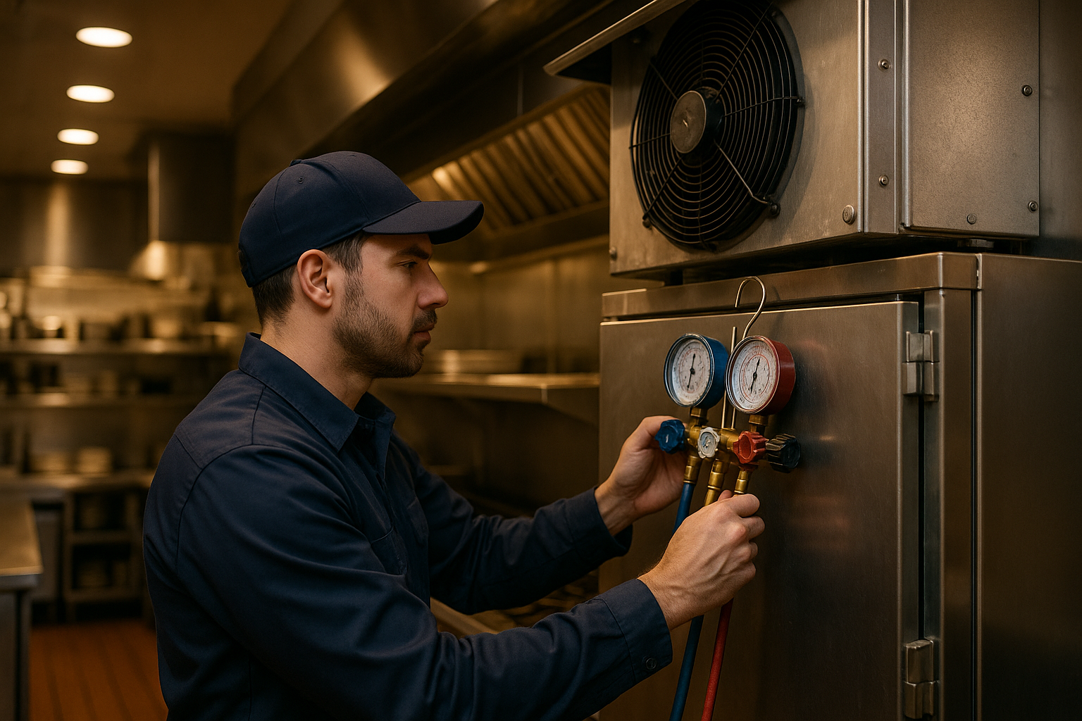 HVAC technician servicing commercial refrigeration unit in a NYC restaurant kitchen