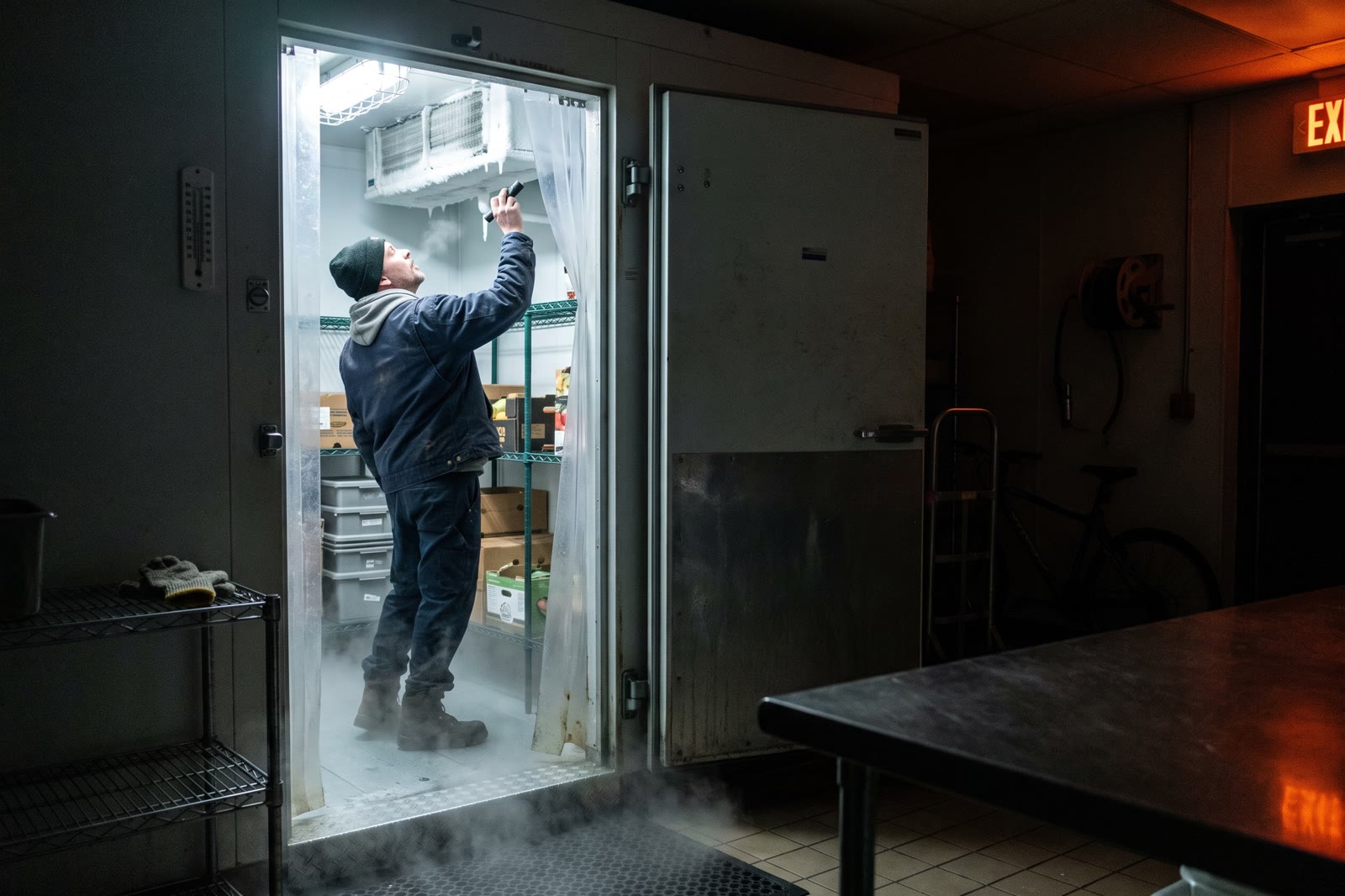 Express-service technician inspecting a broken commercial reach-in refrigerator inside a restaurant kitchen