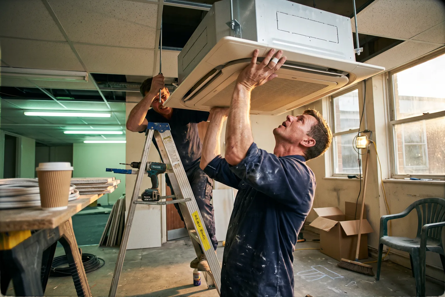 HVAC technician installing a ductless mini-split ceiling cassette unit, viewed from below