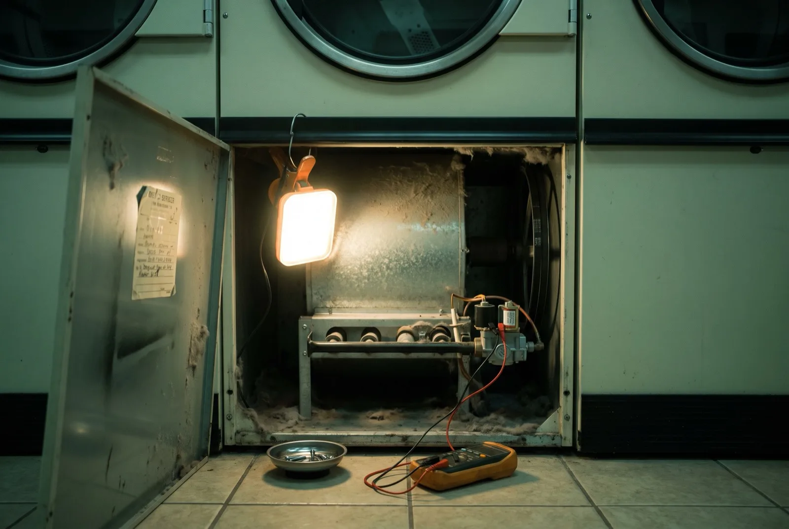 Open service panel on a commercial laundromat dryer showing the burner assembly, gas valve and drive belt under a work light
